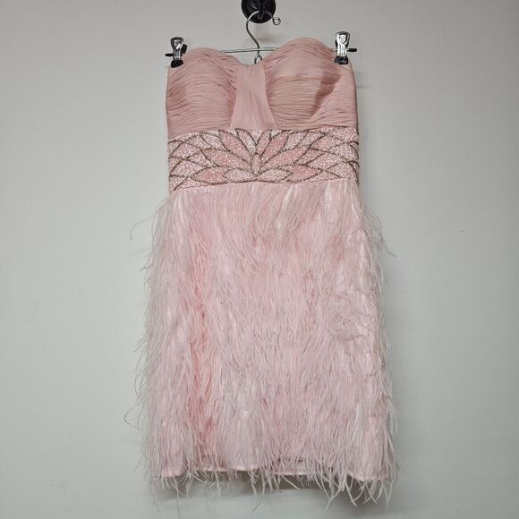 Elegant Pink Strapless Feather Dress By Interlude USA Size 2 - Picture 1 of 8